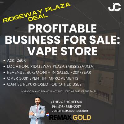 A well-established vape store business is now available for sale at Ridgeway Plaza in Mississauga.