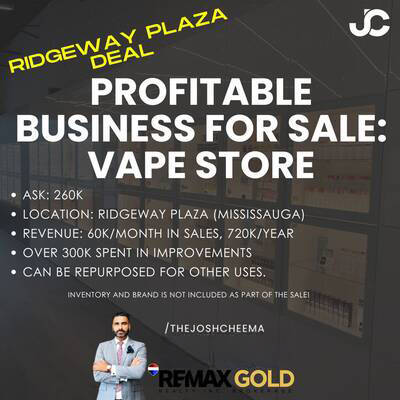 A well-established vape store business is now available for sale at Ridgeway Plaza in Mississauga.